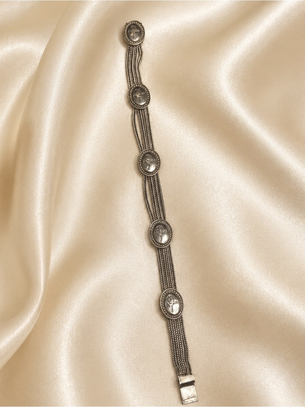 Exquisite Vintage Niello Style Sterling Silver Mesh Bracelet w Ornate Medallions